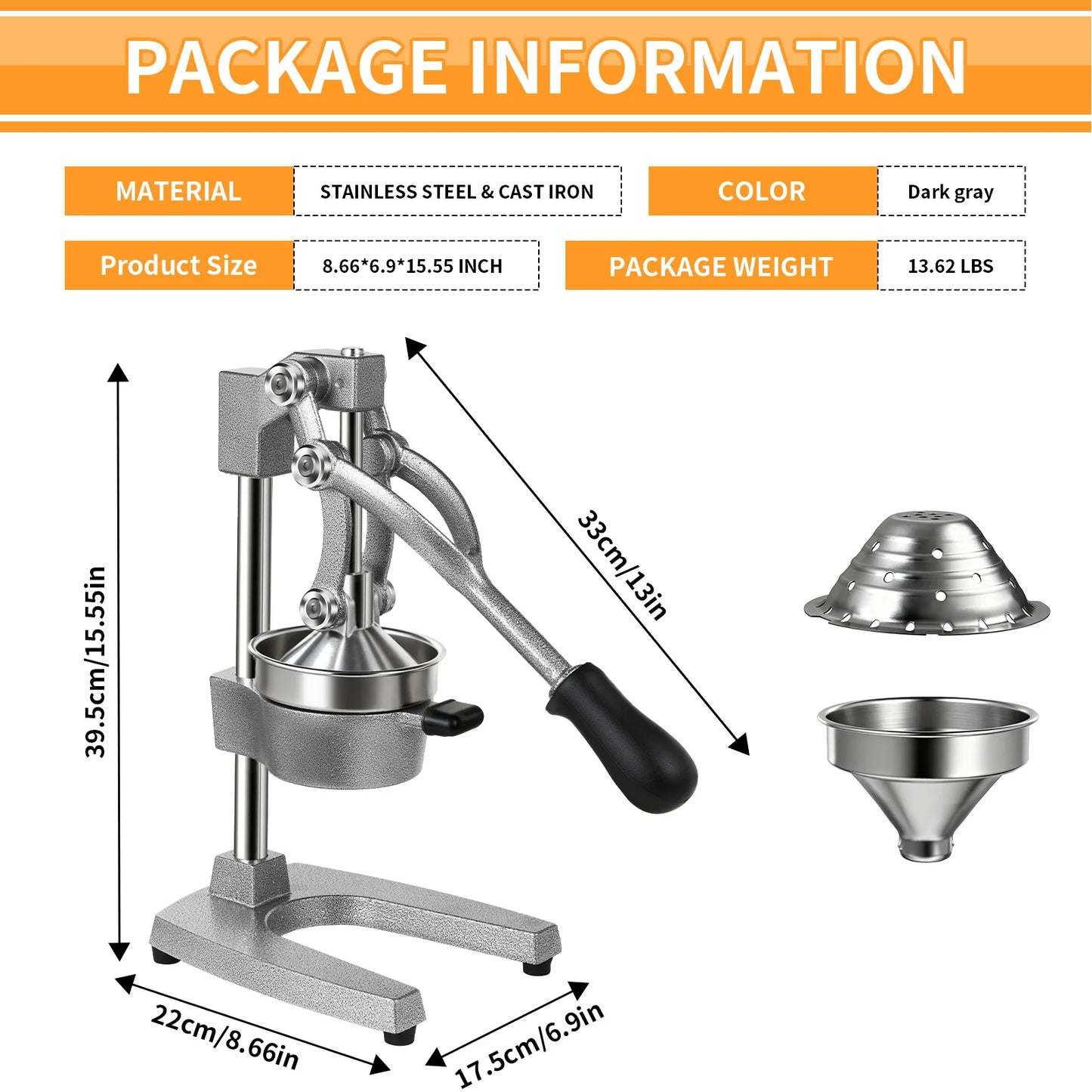 Lightweight stainless steel manual citrus juicer, commercial hand-operated fruit juicer, non-electric portable juicer, suitable for oranges, lemons, pomegranates and other fruits, ideal for home kitchens, bars and restaurants