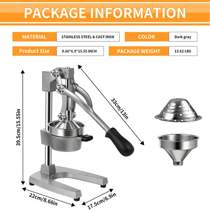 Lightweight stainless steel manual citrus juicer, commercial hand-operated fruit juicer, non-electric portable juicer, suitable for oranges, lemons, pomegranates and other fruits, ideal for home kitchens, bars and restaurants