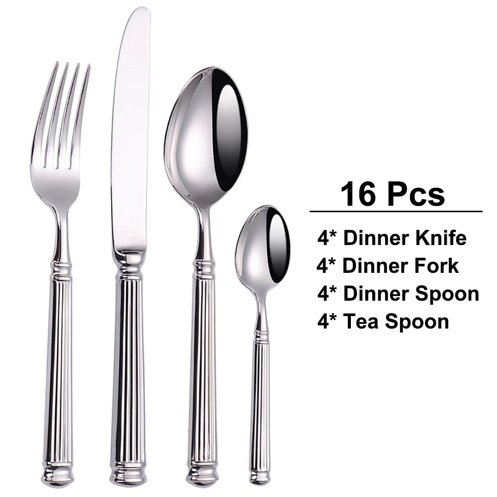 12/16/20 Pieces Sliver Tableware Set Stainless Steel Cutlery Elegant Dinnerware Vintage Knife Spoon Fork Set Kitchen Utensils