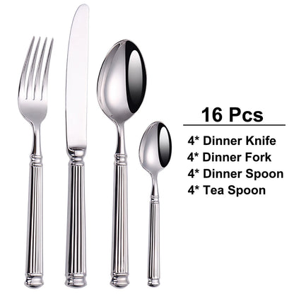 12/16/20 Pieces Sliver Tableware Set Stainless Steel Cutlery Elegant Dinnerware Vintage Knife Spoon Fork Set Kitchen Utensils