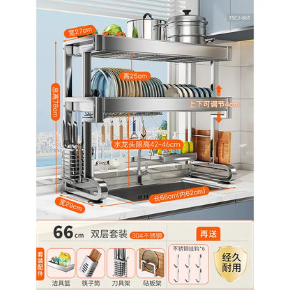 304 Stainless Steel Sink Storage Rack 2 Layers Kitchen Shelf Multifunctional Bowl Dish Drain Basket Space Saving Organize Shelf