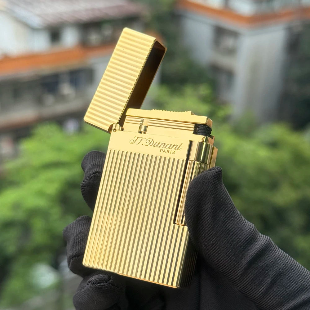 Brass Vertical Pattern Gas Lighter, Ping Sound Soft Flame Refillable Butane Vintage Lighter for Men Cigarette Cigar