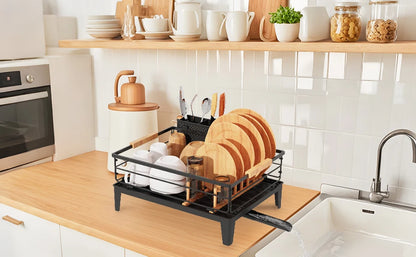 Upgrade Dish Racks for Kitchen Counter Carbon Steel Dish Drainer with Removable Cutlery Holder & Drainboard, White