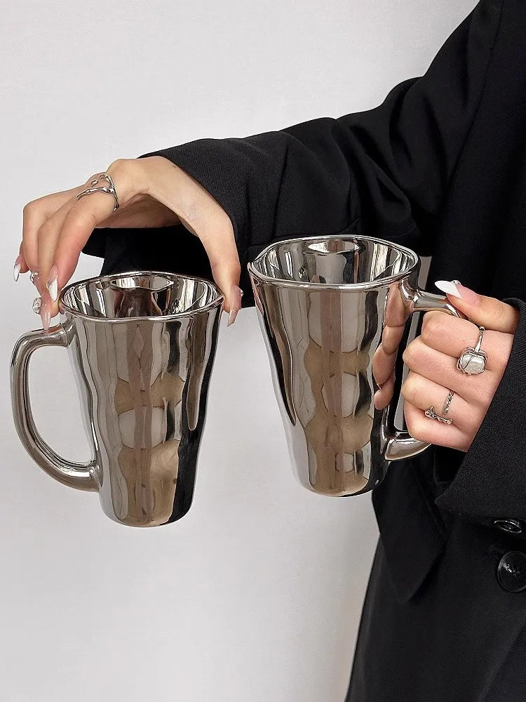 Creative Silver Mug with Handle Milk Cup Coffee Cup Modern Simple Universal Water Cups Drinkware Home Decoration Gift