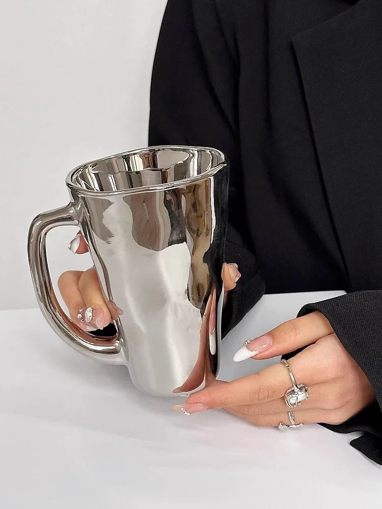 Creative Silver Mug with Handle Milk Cup Coffee Cup Modern Simple Universal Water Cups Drinkware Home Decoration Gift
