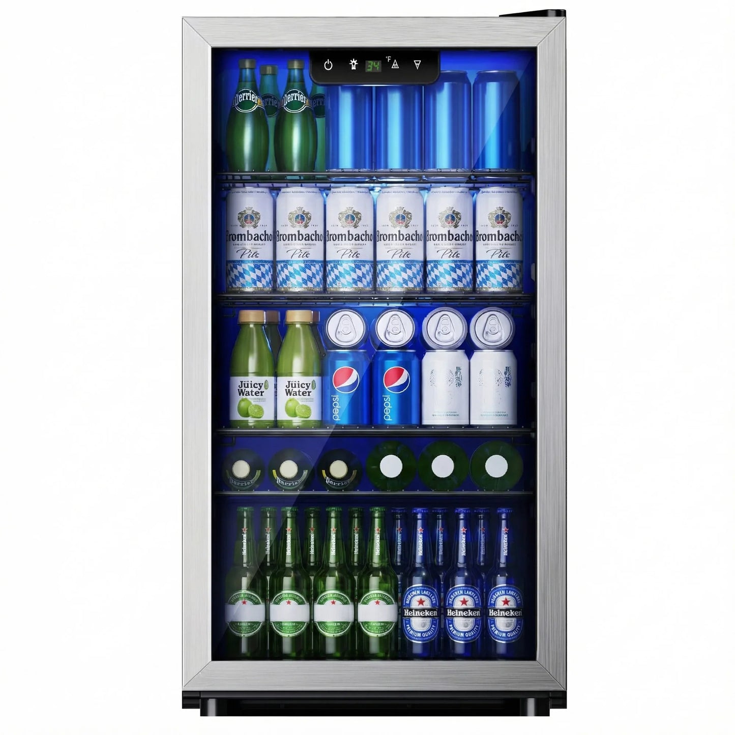 125-Can Beverage Refrigerator and Cooler with Glass Door in Silver, 17.3 in D x 31.5 in H, Energy-Efficient and Durable Mini Fridge for Home, Kitchen, Office, or Bar, Ideal for Soda, Beer, Water, and Drinks Storage, Stylish,