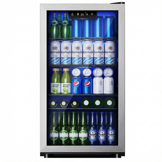 125-Can Beverage Refrigerator and Cooler with Glass Door in Silver, 17.3 in D x 31.5 in H, Energy-Efficient and Durable Mini Fridge for Home, Kitchen, Office, or Bar, Ideal for Soda, Beer, Water, and Drinks Storage, Stylish,