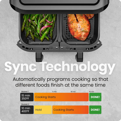 6 Quart Dual Basket Air Fryer Oven with Sync Finish, 2 Independent 3Qt Nonstick Baskets, Digital Double Air Fryer - Black