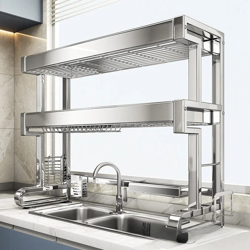 304 Stainless Steel Sink Storage Rack 2 Layers Kitchen Shelf Multifunctional Bowl Dish Drain Basket Space Saving Organize Shelf