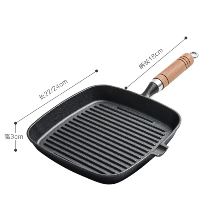 22cm 24cm Thickened Cast Iron Steak Frying Pan Non-coated Non-stick Household Stripes Frying Steak Special Pan