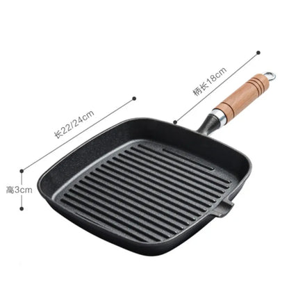 22cm 24cm Thickened Cast Iron Steak Frying Pan Non-coated Non-stick Household Stripes Frying Steak Special Pan