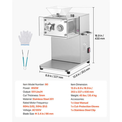 SucceBuy Meat Cutting Machine 850 W Commercial Slicer 5 mm Stainless Steel Blade Shredder for Boneless Meat Vegetables Kitchen
