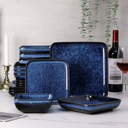 Vancasso Stern Dinner Set Blue Square Kiln Change Glaze Tableware 16 Pieces Kitchen Dinnerware Ceramic Crockery Set for 4 Person