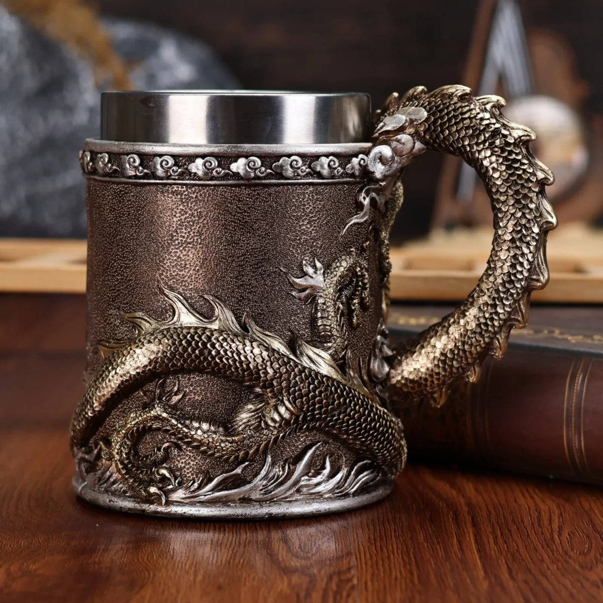 600ML Golden Copper Dragon Beer Resin Tankard 304 Stainless Steel  Medieval Tea Cup Coffee Beer Mug Copper Color New Party Bar