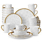 LOVECASA 16/32 Piece White Handmade Dinnerware Set with Gold Trim Stonewre Set Dinner Plate/Dessert Plate/Cup/Bowl Tableware Set