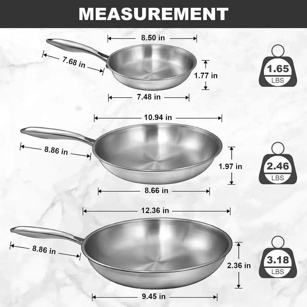 Triple-Layer Stainless Steel Frying Pan Set, 8/10/12, PFOA and PTFE Free, Induction Compatible, Dishwasher and Oven Safe, Durabl