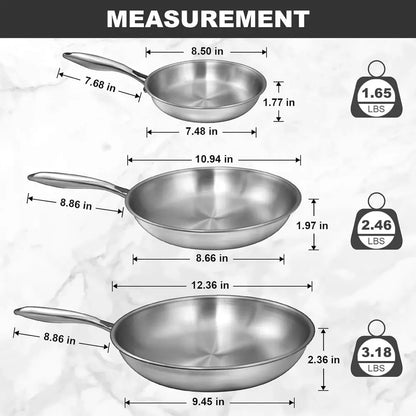 Triple-Layer Stainless Steel Frying Pan Set, 8/10/12, PFOA and PTFE Free, Induction Compatible, Dishwasher and Oven Safe, Durabl