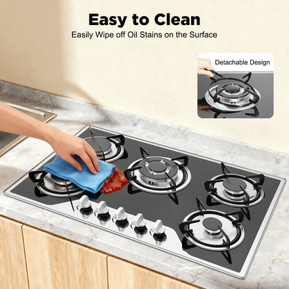 Five Burner Built In Gas Cooktop Dual Gas Compatible High Temperature Resistant Panel Reliable Pulse Ignition Stable Combustion Multiple Firepower Options Practical Knob Operation Sturdy Structure Ideal For Home Kitchen Cooki