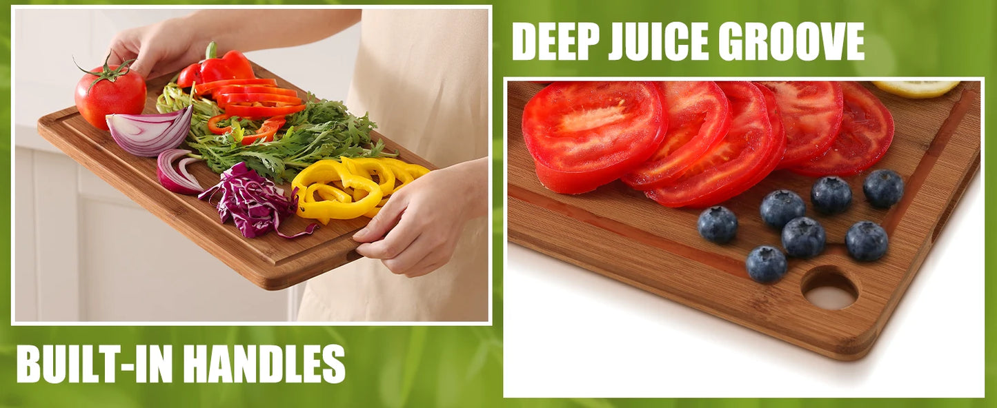 Tool And Gadget Sets - Bamboo Cutting Boards for The Kitchen - Three-Piece Wooden Cutting Boards with Juice Slot, Side Handles And Non-Slip Pads - Suitable for Meat, Vegetables And Fruits - Ideal Kitchen Gift - Suitable for V