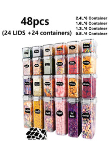 48pcs, Sealed Food Storage Containers with Lids, Plastic Kitchen Pantry, Dry Cargo Jars of Lactose, Grain, Flour, Sugar, Labeled