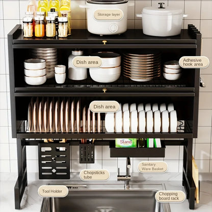 Dish Rack Kitchen Carbon Steel Over Sink Organizer Dustproof Multi Compartment Easy Mount Sink Storage Space