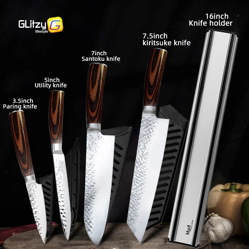 Kitchen Knives Japanese Chef Knife Set 7CR17 High Carbon Steel Full Tang Hammered Non-Stick Santoku Knifes Utility Meat Cleaver