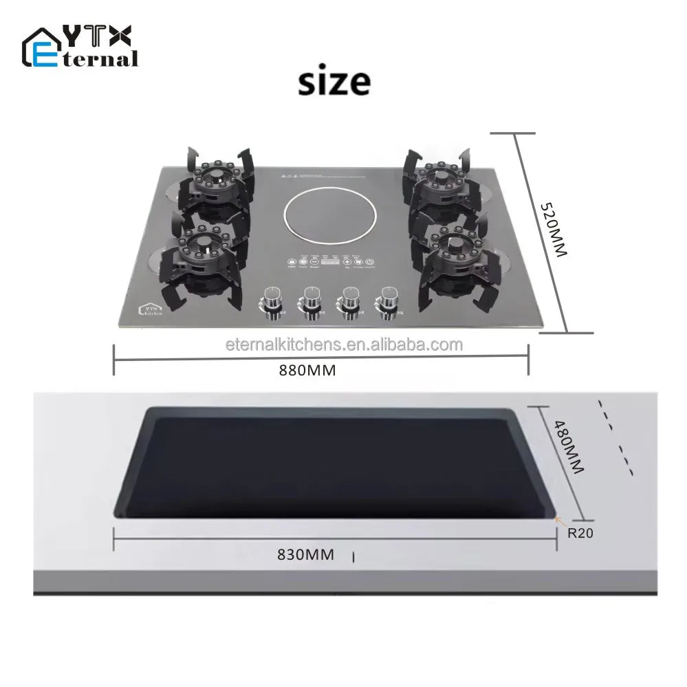 4 Gas 1 Electric Ceramic Hob, Multi-Functional Glass Cooktop, Reversible Burners, Gas Stove for Outdoor RV and Indoor Use