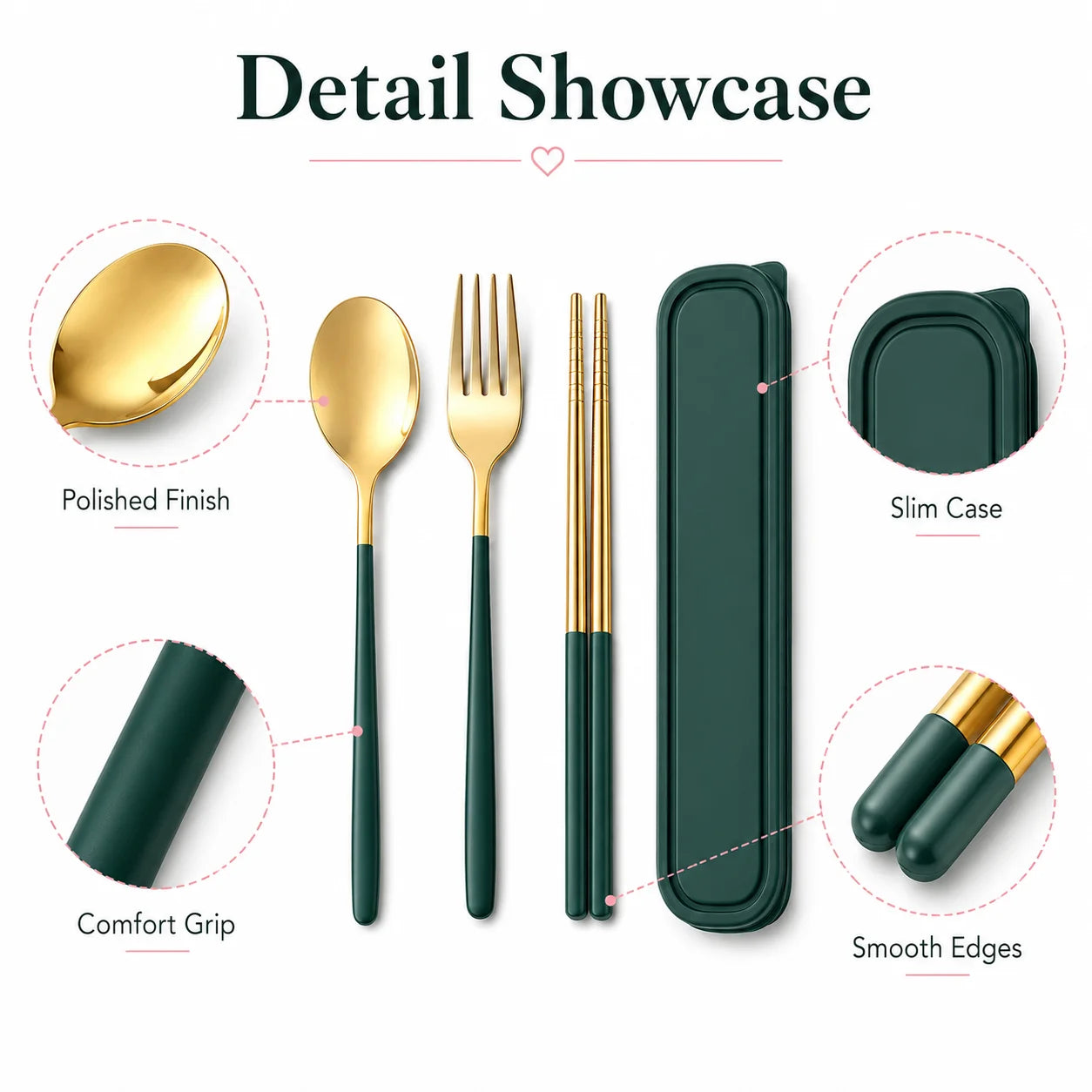 3PCS Portable Stainless Steel Cutlery Set with Case, Green Gold Reusable Spoon Fork Chopsticks Travel Tableware Set for Office School Camping Picnic