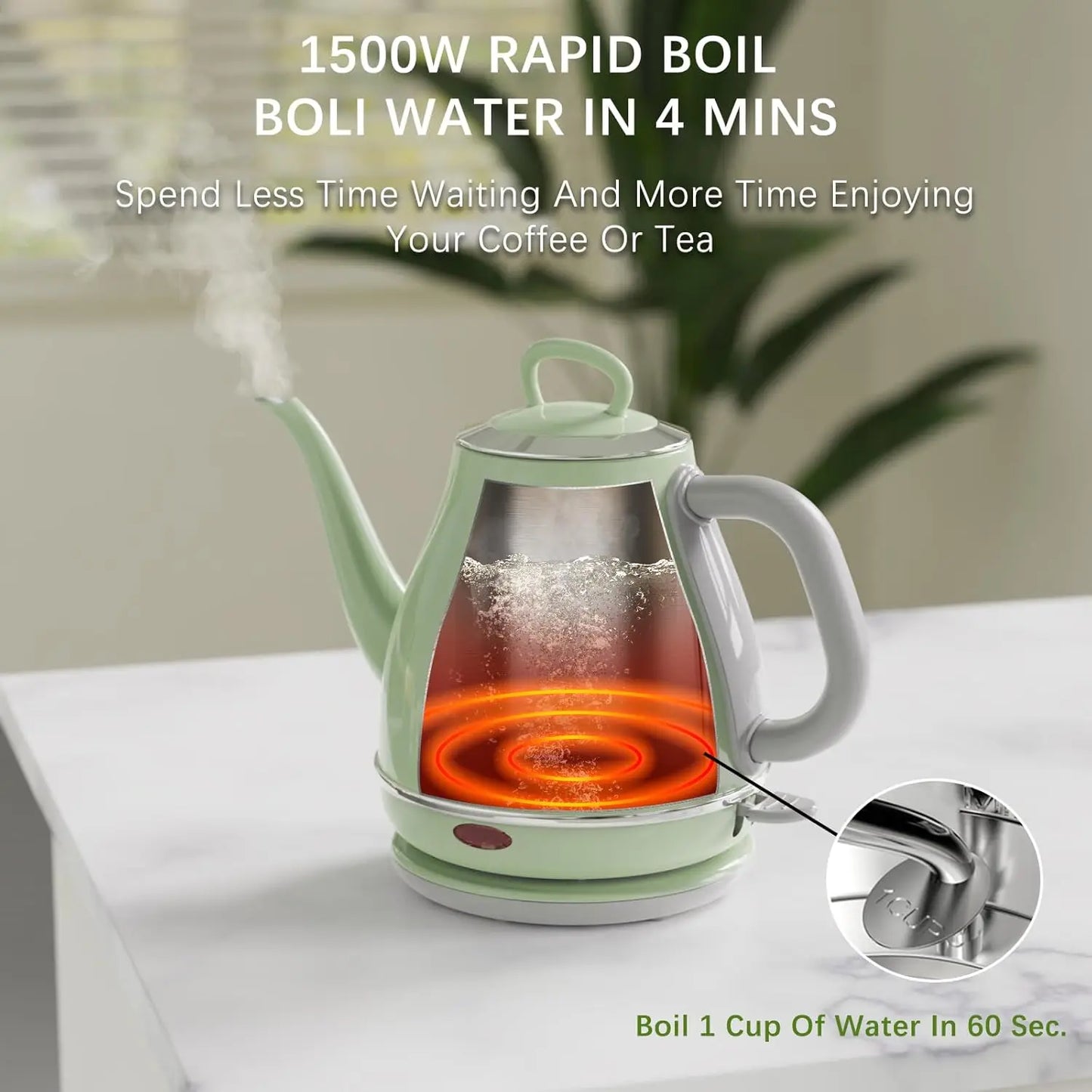 1L Electric Gooseneck Kettle, 1500W Fast Boil, Stainless Steel BPA-Free for Coffee & Tea with Auto Shut-Off