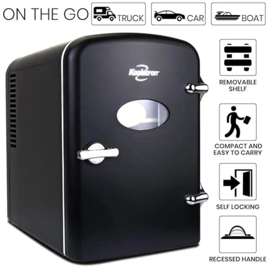 Mini Fridge- Black Refrigerator 6 Can Portable Cooler for Bedroom Office Dorm Car Compact Fridge for Drinks Makeup Skincare Dua