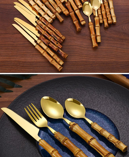 24Pcs Dinnerware Sets Original Nature Bamboo Handle Cutlery Stainless Steel Knife Fork Spoon Purely Natural Bamboo Tableware Set