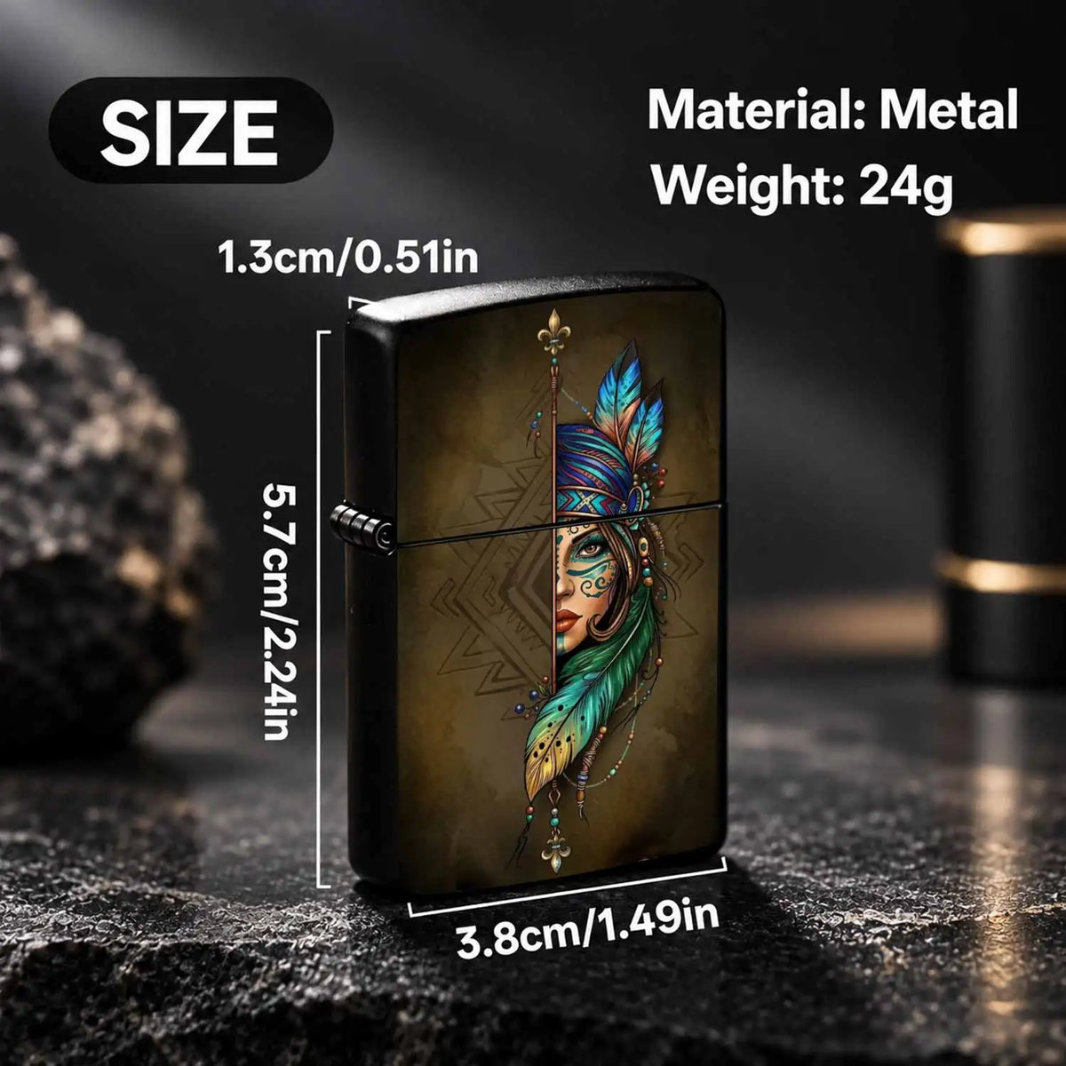 Creative Lighter with Tribal Totem Feather Half-Faced Lady Pattern Retro Art Style Decorative Igniter Portable Stylish Accessory Daily Carry Practical Item Unique Exquisite Gift for Friends Family Suitable  A Humorous and Int