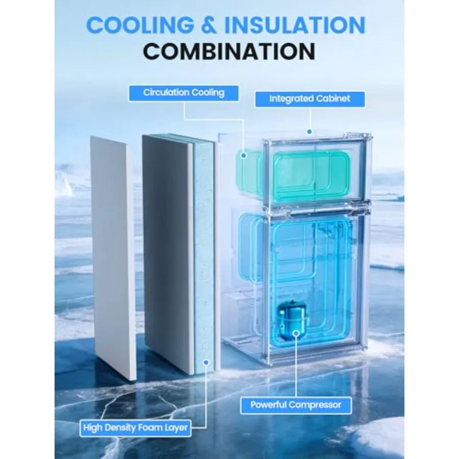 Dorm fridge with freezer for bedroom office kitchen dorm use, white plastic unit with reversible double doors and 2 removable s