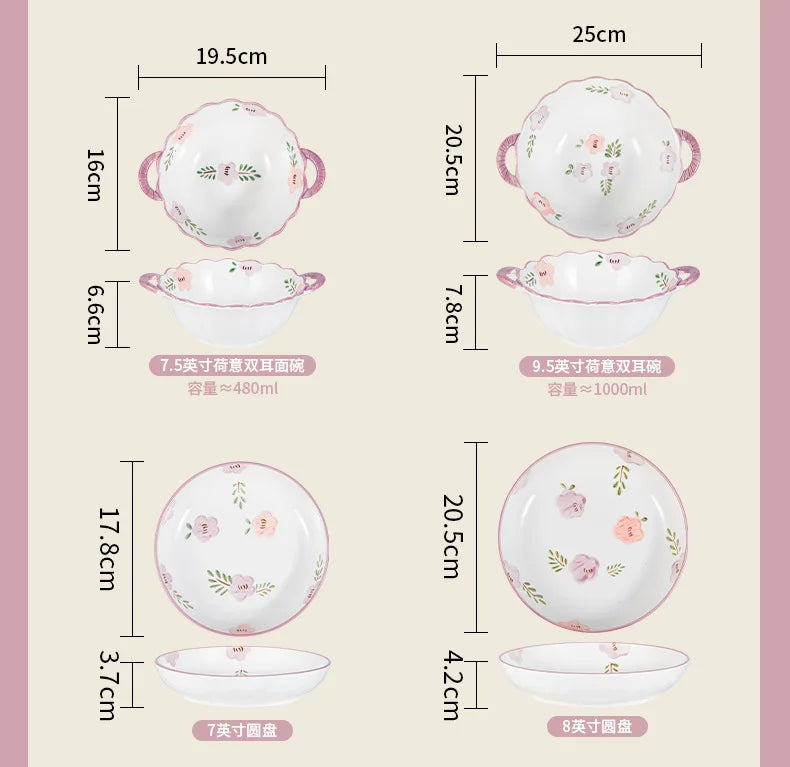 Flower, Underglaze Color, Ceramic Tableware, Bowl and Plate Combination