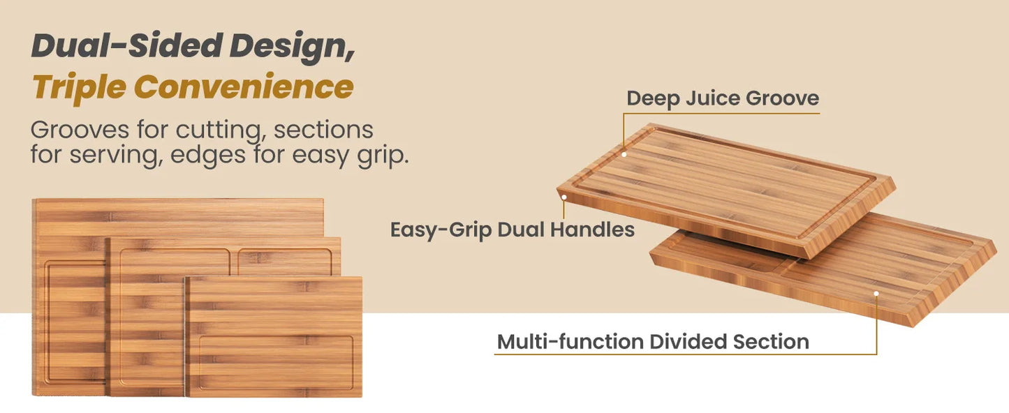 Bamboo Cutting Board Set With Stand, 3PCS Double-Sided Chopping Boards For Kitchen Meal Prep & Serving, Charcuterie, Juice Groov