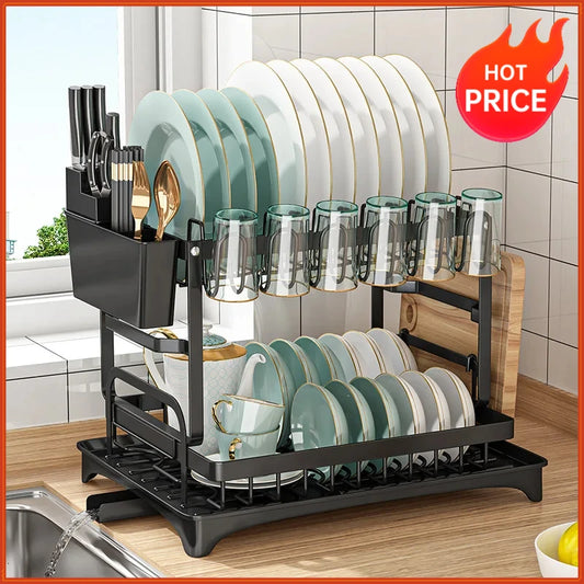 2 Tier Dish Drying Rack Kitchen Bowl Drainer Storage Rack Tableware Drain Chopsticks Knife Fork Water Cup Storage Holder 2 Tier