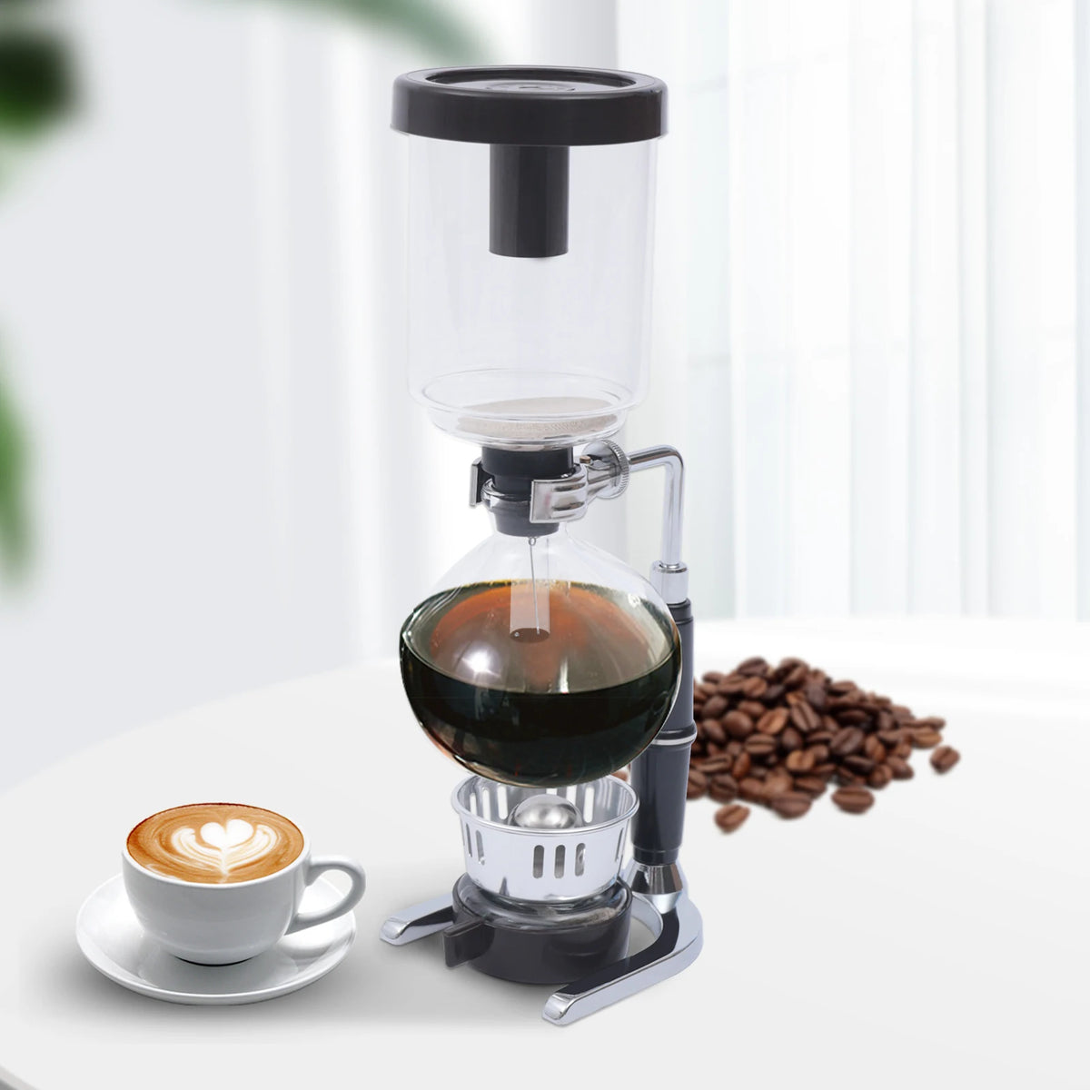 500ml Tabletop Siphon Pot Syphon Coffee Maker 5.12x3.74x14.76in Siphon Vacuum Coffee Maker Borosilicate Glass Stainless Steel for Home, Coffee Shop, Office