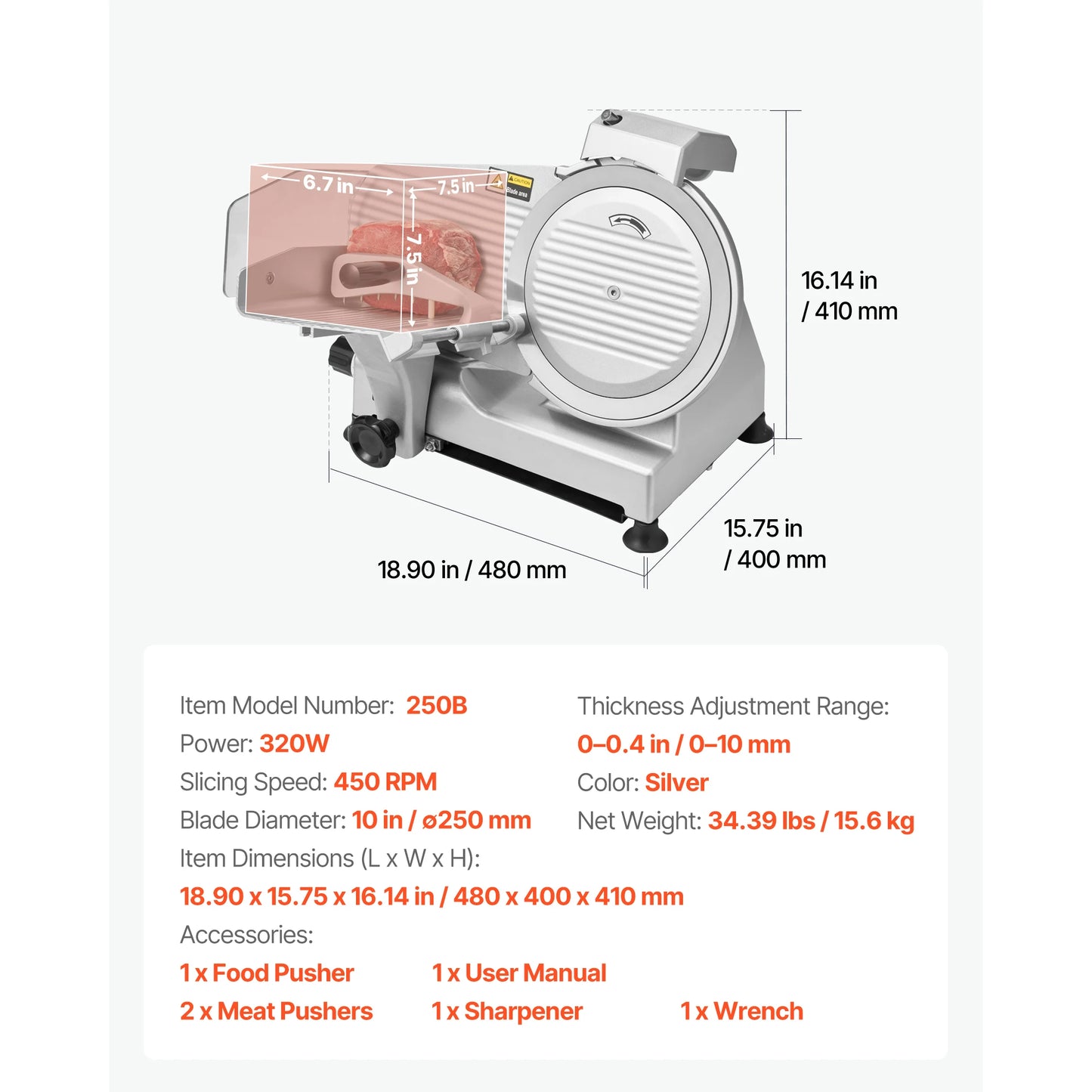 SucceBuy Commercial Meat Slicer 10 inch 320W Food-Slicer with SUS420 Blade 0-0.4 inch Adjustable Thickness for Frozen Meat Ham