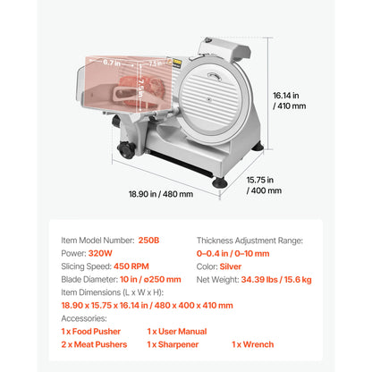 SucceBuy Commercial Meat Slicer 10 inch 320W Food-Slicer with SUS420 Blade 0-0.4 inch Adjustable Thickness for Frozen Meat Ham