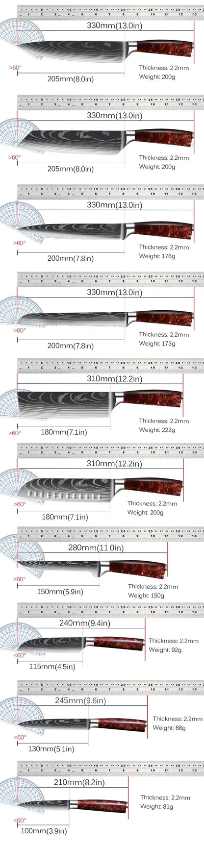 Damascus Pattern Knives Set Stainless Steel Chef Knife Japanese Santoku Knife Boning Knife Meat Cleaver Household Bread Knives