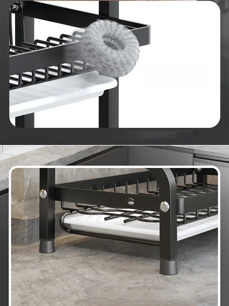 2 Tier Dish Drying Rack Compact Kitchen Dish Rack Rust-Proof Carbon Steel Dish Drainer Drainboard Tableware Water Filter Rack