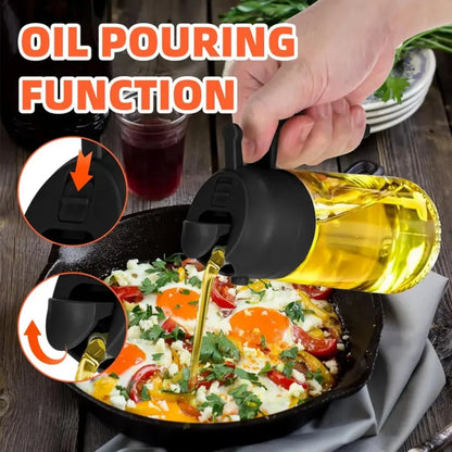 2-in-1 Oil Dispenser and Sprayer, Glass Oil Bottle with Pour and Spray Function, Green and Black