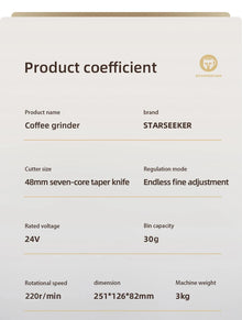 STARSEEKER EDGE Titanium Burr Coffee Grinder 48MM Espresso Burrs Stepless Fineness Adjustment Electric Coffee Grinders Black