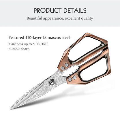 HEZHEN 110 Layers Damascus Steel Kitchen Scissors Walnut Powerful Multifunctional Crack Walnuts Open Beer Bottle