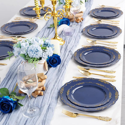 150Pcs Blue Plastic Plates Heavy Duty Navy Blue Disposable Plates with Gold Plastic Silverware include 30 Dinner Plate,30 Des