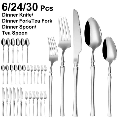 6/24/30Pcs Thin Cutlery Stainless Steel Sliver Tableware Western Dinner Set Solid Color Knife Fork Spoon Mirror Kitchen Utensils