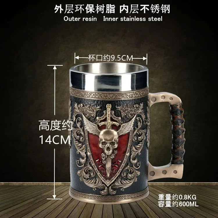 3D Beer Mugs Coffee Cups Gothic Goblet Iron Tankard Stainless Steel Resin Wine Glass Mug 600ML Skull Father's Day Gift 1 pcs