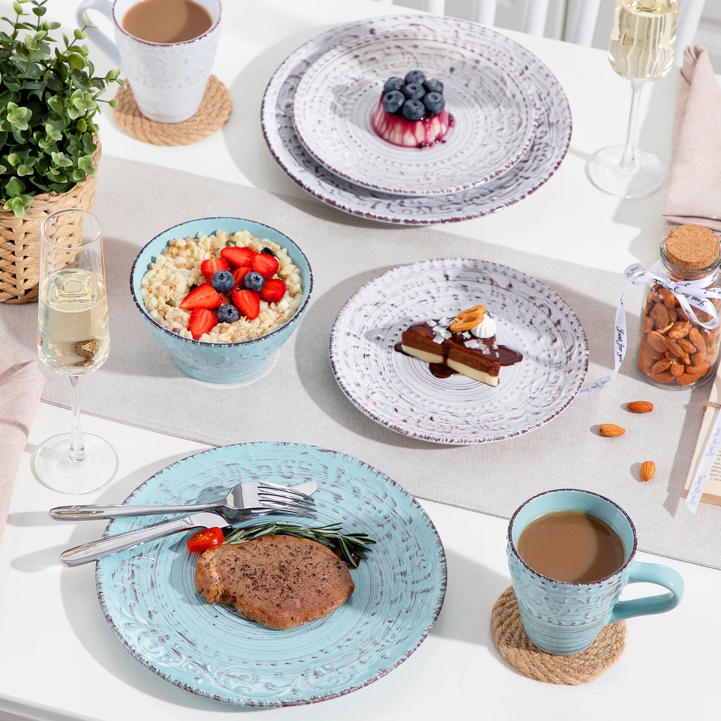 vancasso 16/32 Ceremic Plates Dinner Set Stoneware Tableware Set with 4PCS Dinner Plate/Dessert Plate/Bowl/Mug for 4 Person