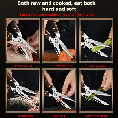 Premium Kitchen Scissors Wooden handle Stainless Steel powerful Chicken Scissors Bone Cutting Scissors Tool