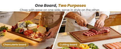 Bamboo Cutting Board Set With Stand, 3PCS Double-Sided Chopping Boards For Kitchen Meal Prep & Serving, Charcuterie, Juice Groov